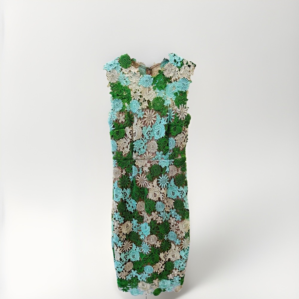 Anthropologie HD in Paris Sheath Dress 2 Green Blue Beige Floral Lace Boat Neck